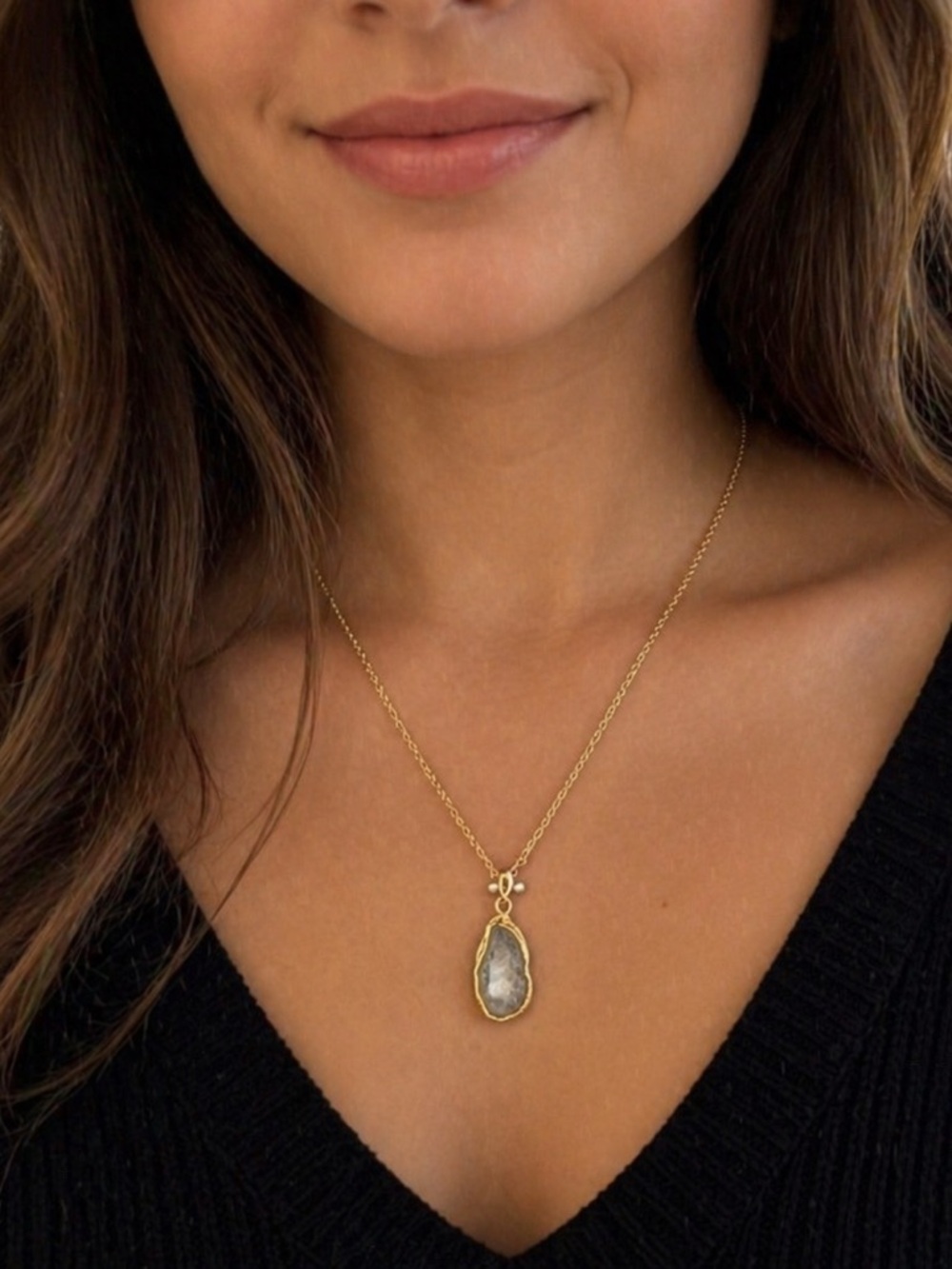 Gold Plated Geode Pendant Necklace with Gray Stone, NWT